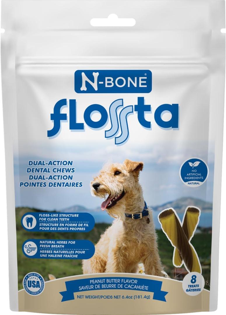 N-Bone Flossta Dual Action Dental Chews for Dogs, Unique Twist Shape for Deep Teeth Cleaning and Proactive Dental Care, Peanut Butter Flavor, 8 Count 6.4-oz Bag, BBD: 28 May 2026