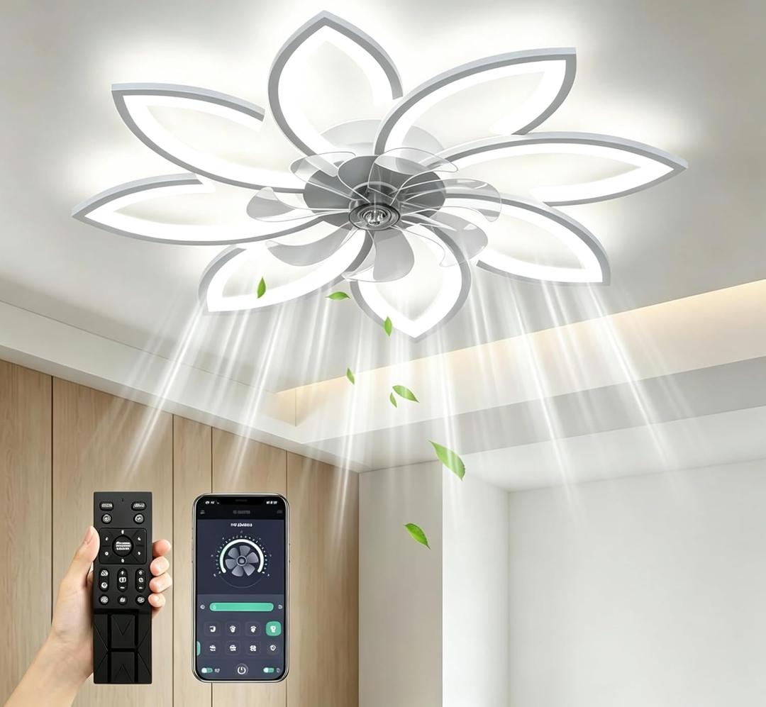 SPEVCH 35" Ceiling Fans With Lights and Remote,Low Profile Ceiling Fan 6 Speed Super Quiet Reversible Motor,Modern Ceiling Fan With 3 color Stepless Dimmable for Bedroom/Living Room/Kids Room(White)