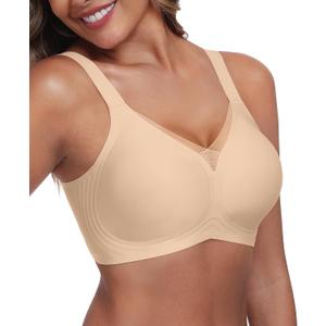 Women's Wireless Bras Full Coverage V Mesh Padded Bralette No Underwire Seamless Comfortable Everyday Bra (Beige, L)