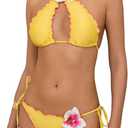 GORGLITTER Women's 3D Flower Floral Swimsuits High Cut Cheeky Triangle Halter Bikini Set (Medium, Yellow)