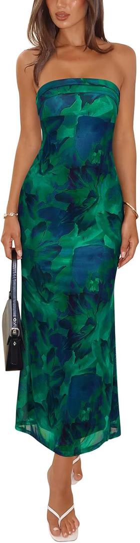 REORIA Women's 2026 Summer Floral Mesh Strapless Midi Dress Backless Beach Wedding Guest Cocktail Party Dresses Green Print Small