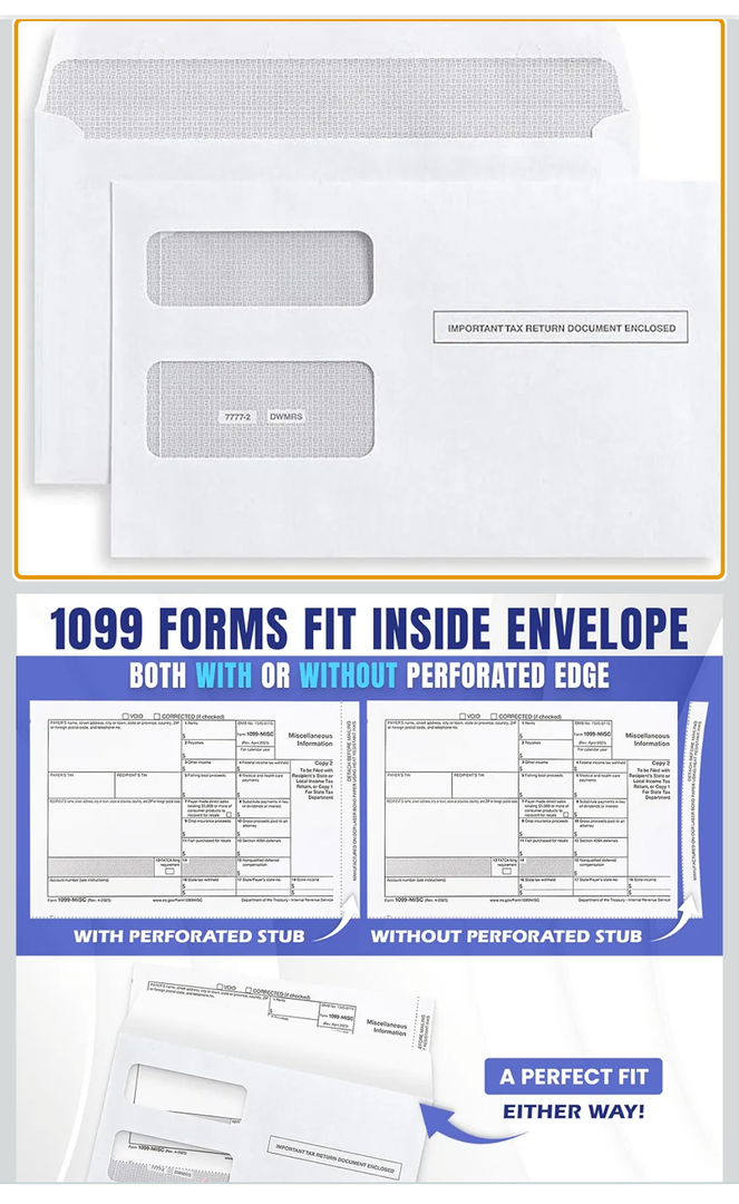 100 Tax 1099 Envelopes Self-Seal For 1099 MISC, 1099-R & DIV - INT, 1095, 1098, Double-Window Security tinded, For Quickbooks or Tax Software - 5 5/8 Inch x 9 Inch, 100 Envelopes