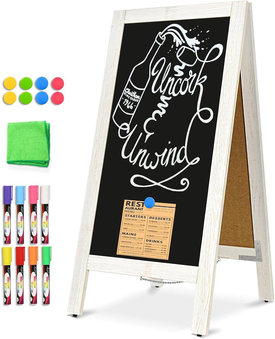 DOLLAR BOSS 40" x 20" A-Frame Chalkboard Sign Double-Sided Magnetic Sandwich Board Solid Pine Wood Frame Stable Wind Resistant Freestanding Menu Display for Outdoor, Caf, Wedding, Business, White
