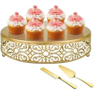 Gold Wedding Cake Stand 12 Inch, Metal Round Dessert Display Cupcake Stands for Celebration, Birthday, Party, Decor (with Cake Knife and Server Set)