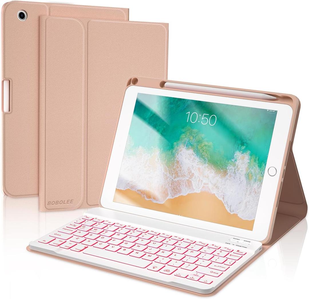 BOBOLEE Keyboard Case for iPad 9.7 inch 6th Gen. 2018-5th Gen. 2017 - Air 2 Gen. 2014, Wireless Detachable BT Backlit 7 Colors Keyboards, Thin Slim Folio Cover Shell with Pen Holder, Auto Sleep Wake