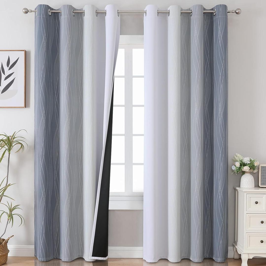 Estelar Textiler Thermal Insulated Blackout Curtains 96 Inches Long, Ombre Grey and Grayish White Blackout Drapes for Bedroom, Gradient Full Light Blocking Energy Saving Curtains, 52Wx96L, 2 Panels