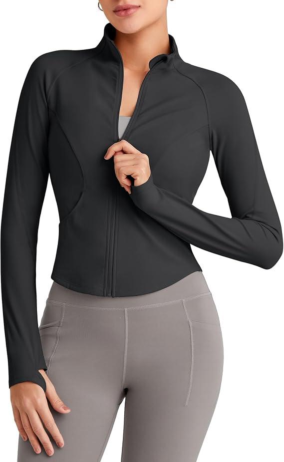 G4Free Workout Jackets for Woman BareFeel Cropped Zip Up Athletic Running Jacket Slim Fit Yoga Tops with Thumb Holes, Size XXL