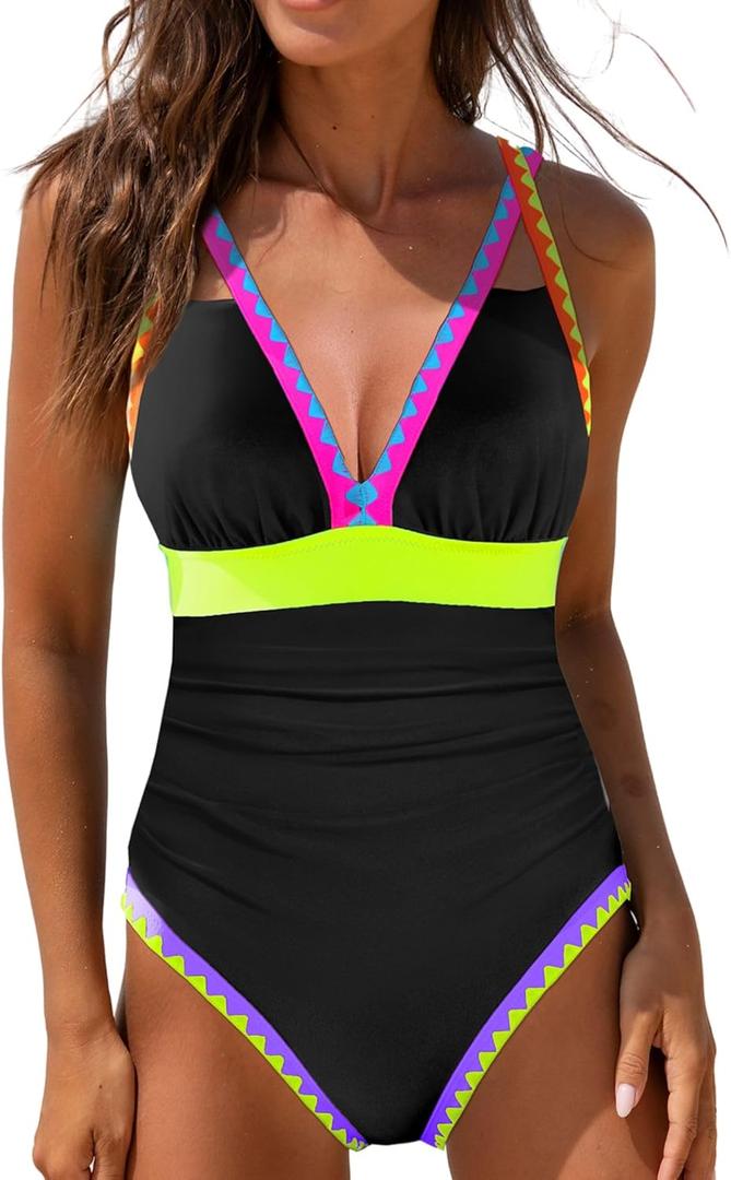 popvil One Piece Swimsuit 2025 Tummy Control Women Bathing Suit Shapewear Swimsuits Slimming Neon Cute Tie Back Swimwear (Small, Yellow Black)
