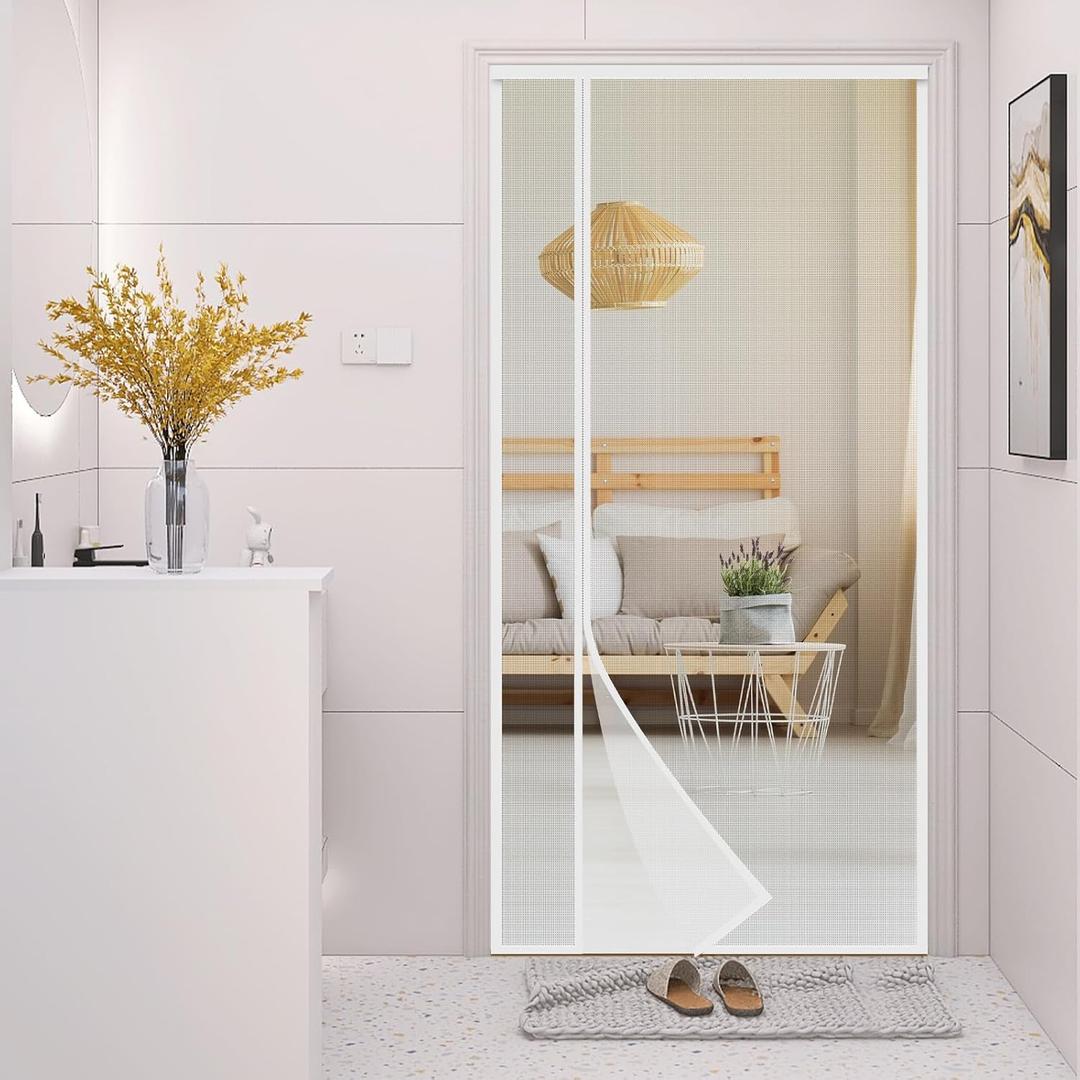 White Fiberglass Magnetic Screen Door, Reversible Left or Right Side Opening, Keep Bugs Out, Hands Free, Pet and Kid Friendly, Fits Door Size 32" x 80"