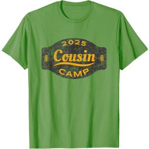 Vintage 2025 Cousin Camp Logo - Fun Summer Family Camping T-Shirt (Small, Grass Green)