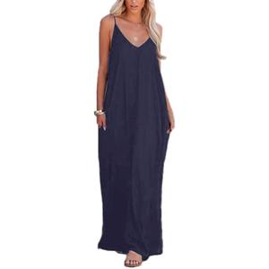 Poetsky Women's Casual Strappy V Neck Sleeveless Flowy Pockets Loose Long Maxi Beach Dress Sundress, 2XL