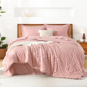 Litanika Blush Pink Queen Size Comforter Set with Sheets - 7 Pieces Bed in a Bag Queen Boho Tufted Complete Bedding Sets with Comforter, Sheets, Pillowcases & Shams (Queen (90"x90"))