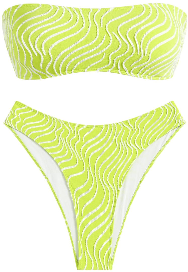 ZAFUL Women Strapless High Cut Bandeau Bikini Lace Up 2 Pieces Swimwear Large