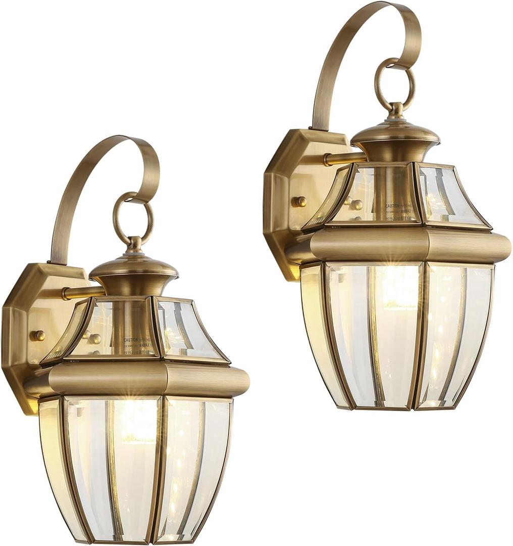 Brass Outdoor Wall Light Fixtures, 12.6" Exterior Wall Sconce with Clear Glass Shade, Waterproof Anti-Rust Porch Lights for Front Door, Garage & Entryway, E26 Base, 2-Pack