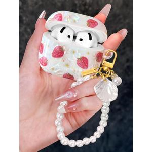For AirPods 4 Case with Pearl Keychain - Cute Women Glitter Shell Design Cover Girls Girly Pretty Stylish Kawaii Girlish Protective for Apple for AirPods 4 Case, Strawberry