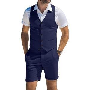 Men's Suit Linen 2 Piece Vests Short Pants Suits for Men Casual Summer Beach Groomsmen Wedding Waistcoat Set Outfit (Blue, XL)