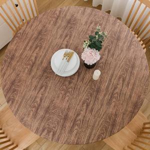 Round Vinyl Fitted Tablecloth with Flannel Backing Elastic Table Cloth Waterproof Oil-Proof Plastic Cover- Fits Tables up to 40" - 44" Diameter (Wood Grain)