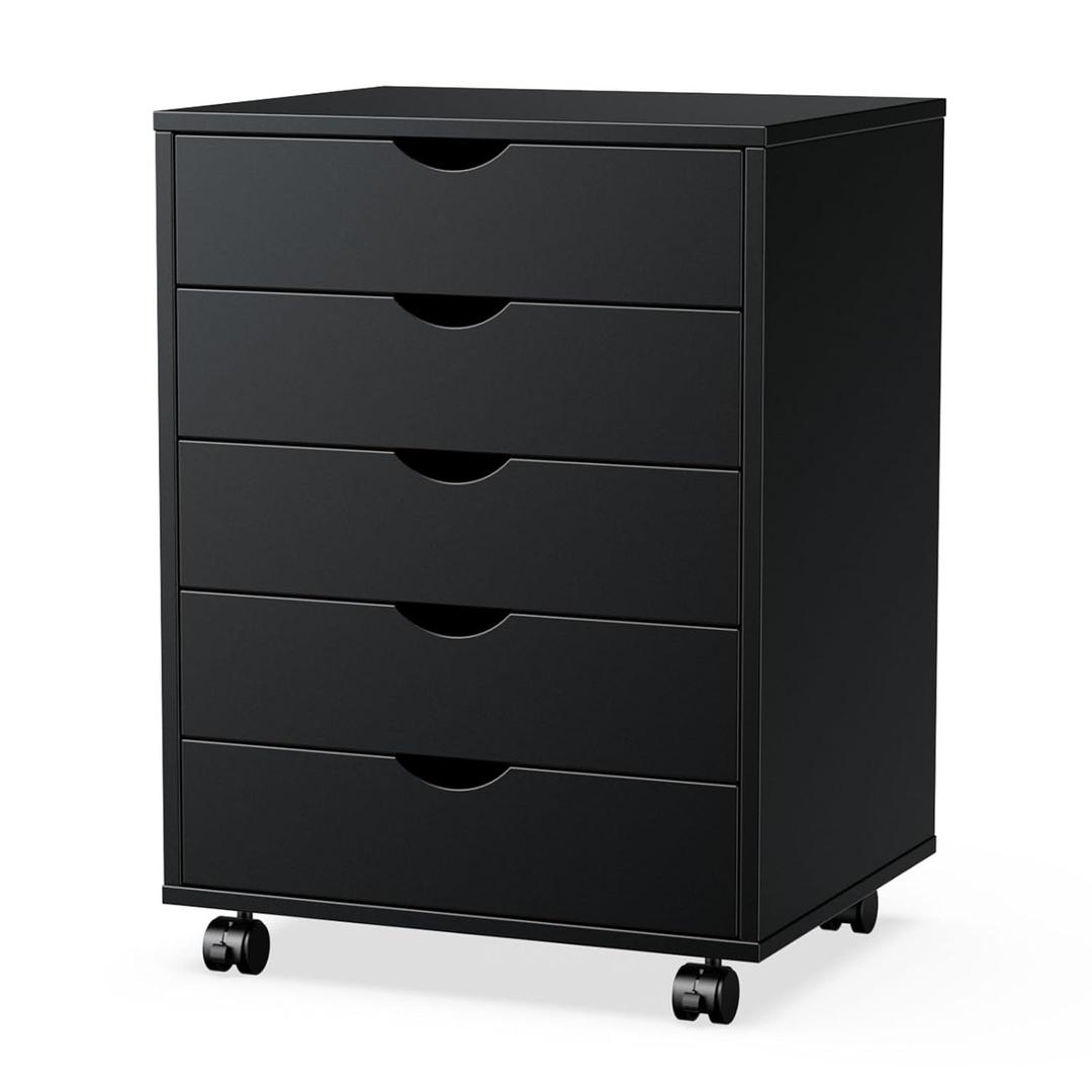 Elevon 5 Drawer Chest, Dressers Storage Cabinets Wooden Dresser Mobile Cabinet with Wheels Room Organizer, Small Drawers Wood Organization Furniture for Office, Home,Black