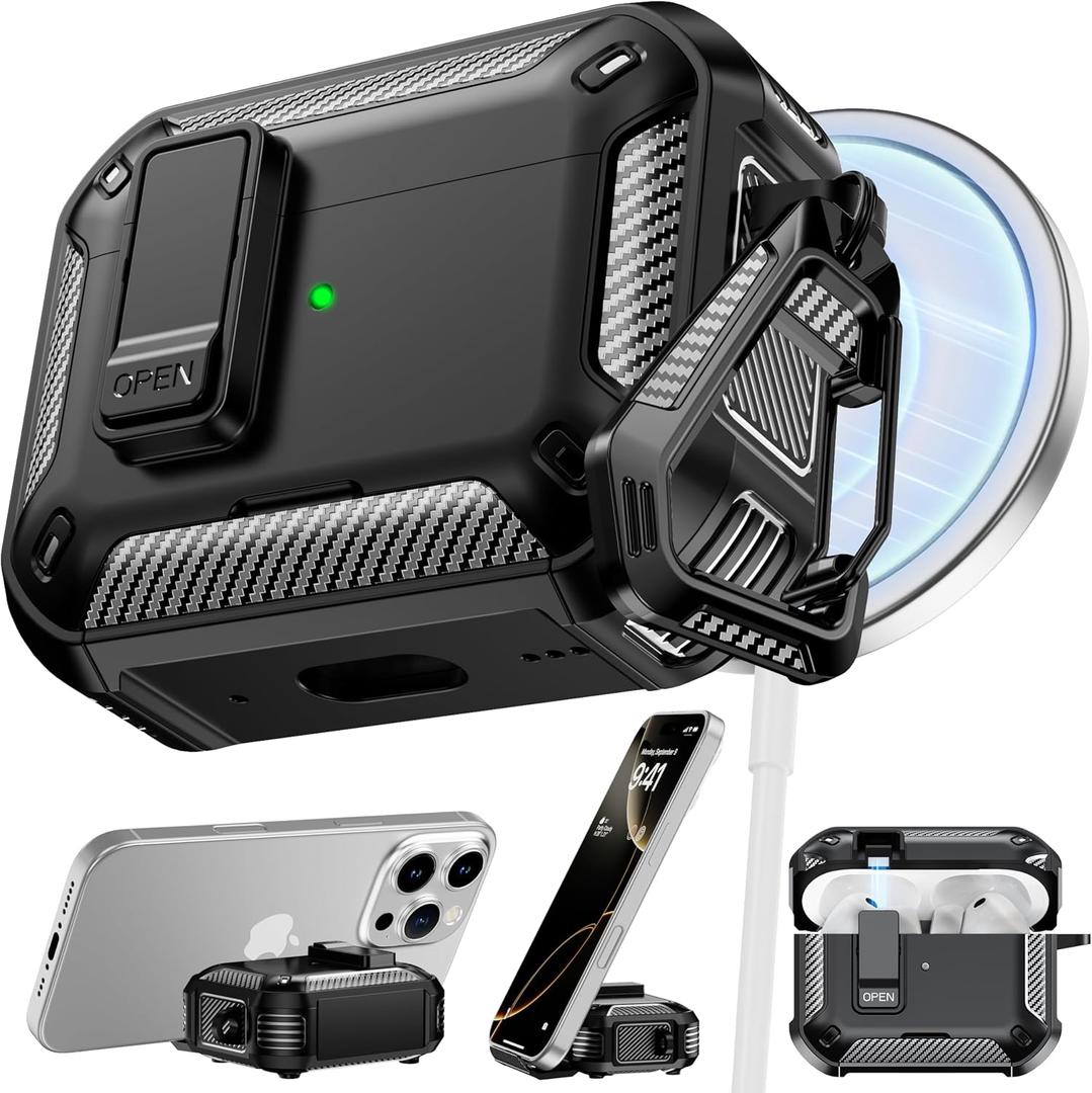 RFUNGUANGO AirPods Pro 3 Case, Compatible with Apple AirPods Pro 3rd Generation(2025) Protective Case with Phone Holder & Cleaning Kit, Magnetic Automatic Lock, Compatible with Magsafe, Black
