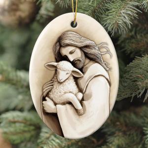 Christian Christmas Ornaments 2026, Religious Gifts Idea for Women Friends Jesus and Lamb Double, Sided Ceramic Christmas Ornaments Holiday Keepsake Christian Gifts for Women Faith Catholic