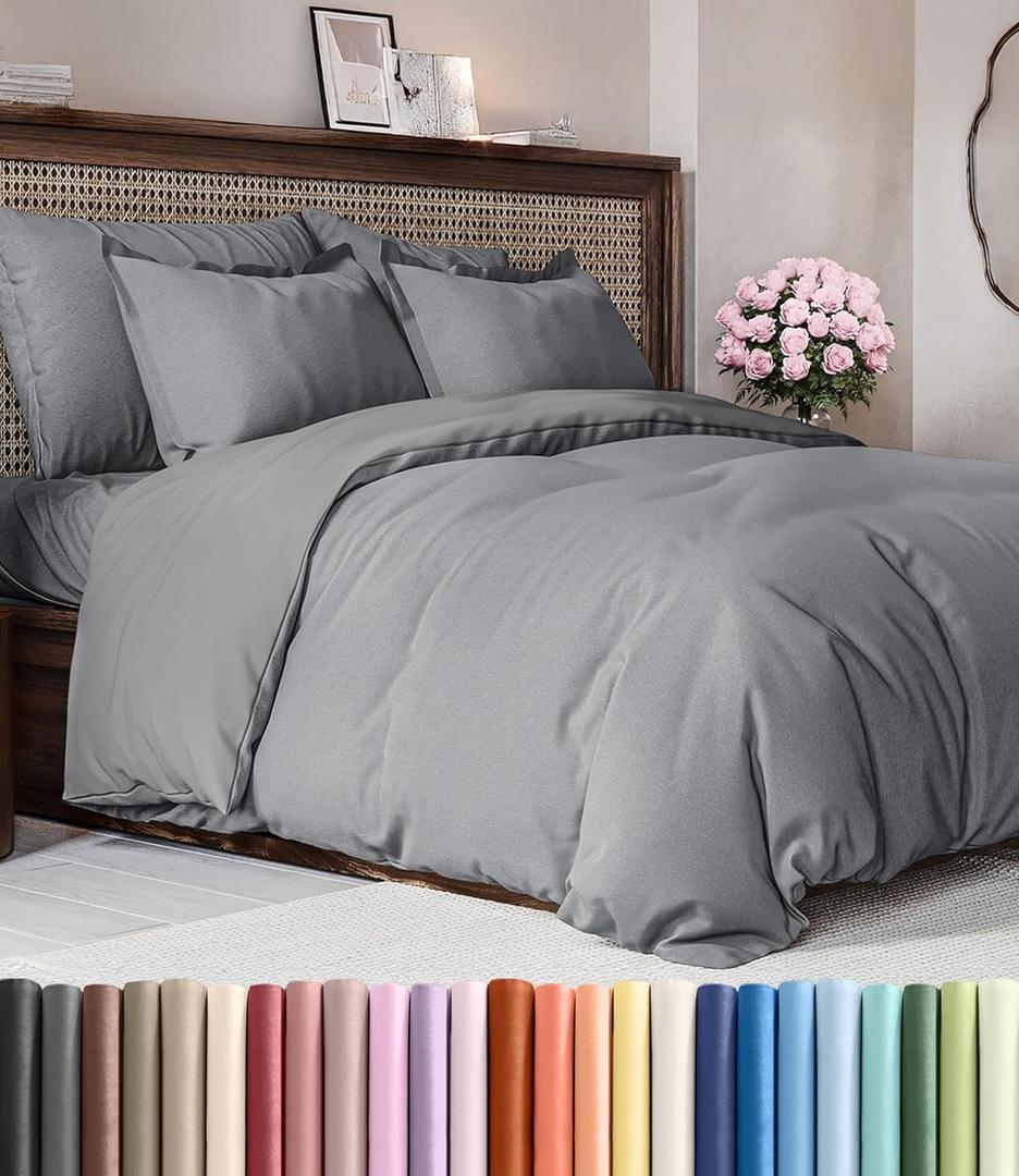 Duvet Cover Cal King Size Set - Extra Soft Cal King Duvet Cover 104" x 98" with 2 Pillow Shams - Hotel Luxury, Easy Care & Fade Free w/ Zipper Closures & Ties - Comfy and Breathable (Heathered Grey)