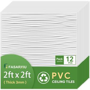 PVC Drop-in Ceiling Tiles 2x2 ft - Case of 12 Covers 48 Sq Ft, Easy Installation for Suspended Grid Ceiling.Waterproof, Washable, Fire Rated Acoustic Panels