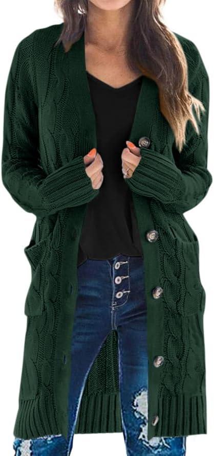PRETTYGARDEN Long Sleeve Cable Knit Long Cardigan for Women 2025 Fall Winter Chunky Open Front Button Sweaters with Pockets (Medium, Dark Green)