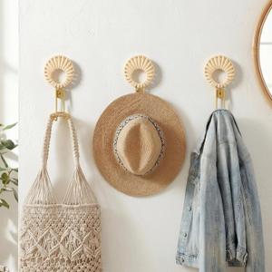 Novabright 3 Pcs Decorative Boho Wall Hooks Woven Rattan Metal Hanging Holder Gold Farmhouse Coat Rack Hooks with Screws for Hanging Coats, Keys, Towels, Bags, Coat Rack for Home Decor Entryway
