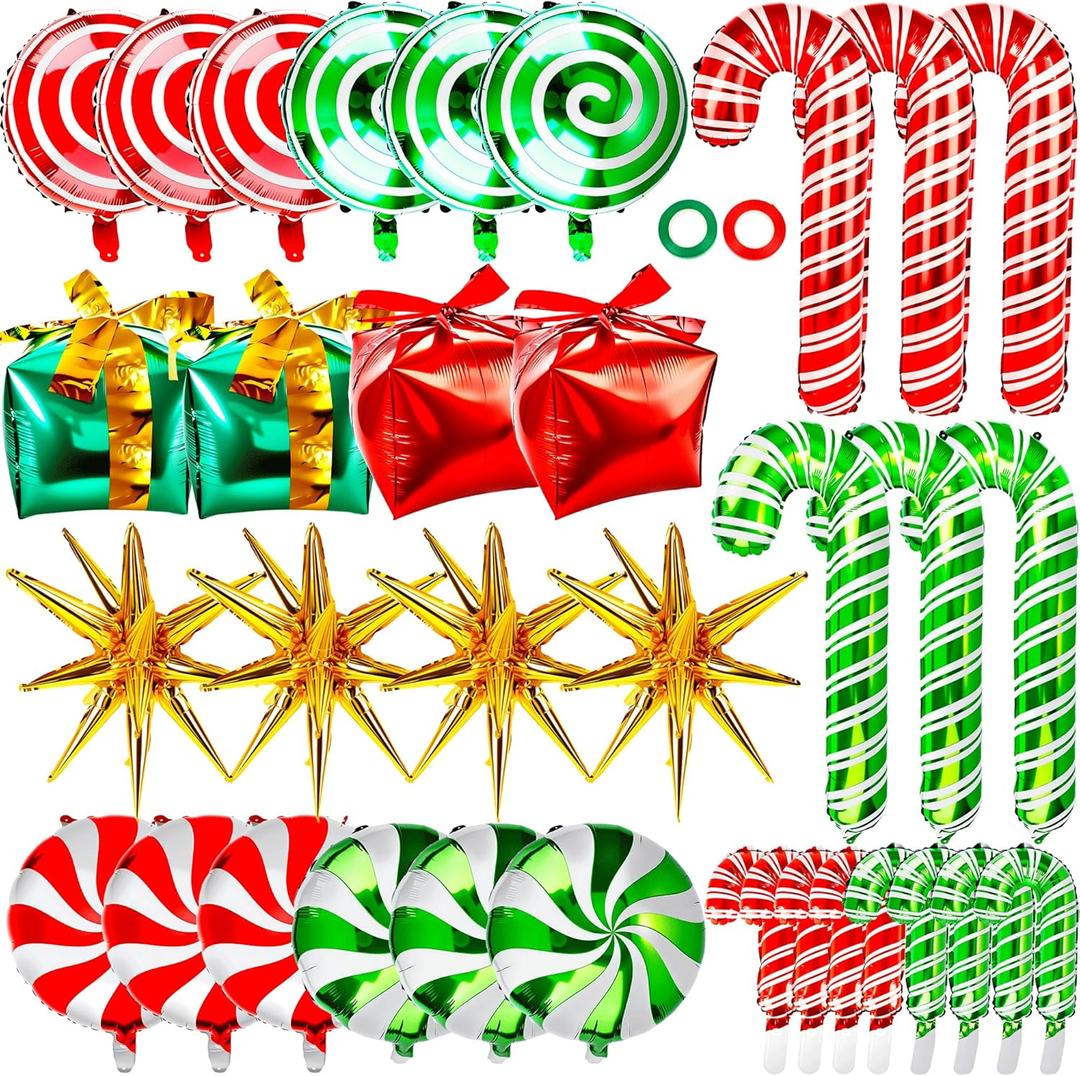 36 Pcs Christmas Balloons Decoration Set Red Green Gift Box Candy Cane Foil Balloons for Christmas Theme Decorations New Year Party Decorations