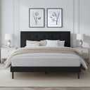 Queen Size Bed Frame with Upholstered Velvet Headboard, Platform Bedframe Mattress Foundation No Box Spring Needed, Button Tufting Design, Strong Wooden Slat, Black