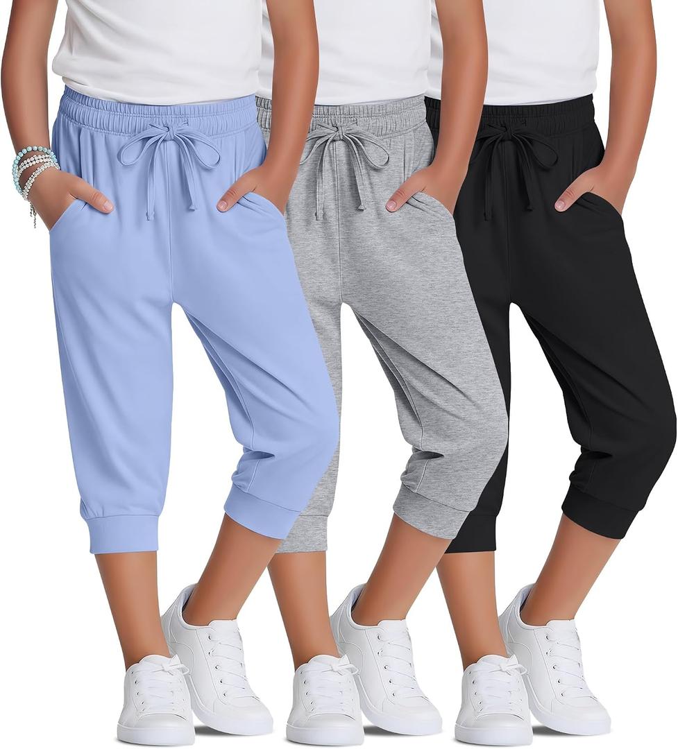 3 Pack Girls Capri Joggers Casual Teen Drawstring Cropped Sweatpants Summer Kids Lightweight 3/4 Pants with Pocket, Light Blue, Light Gray, Black 13-14y