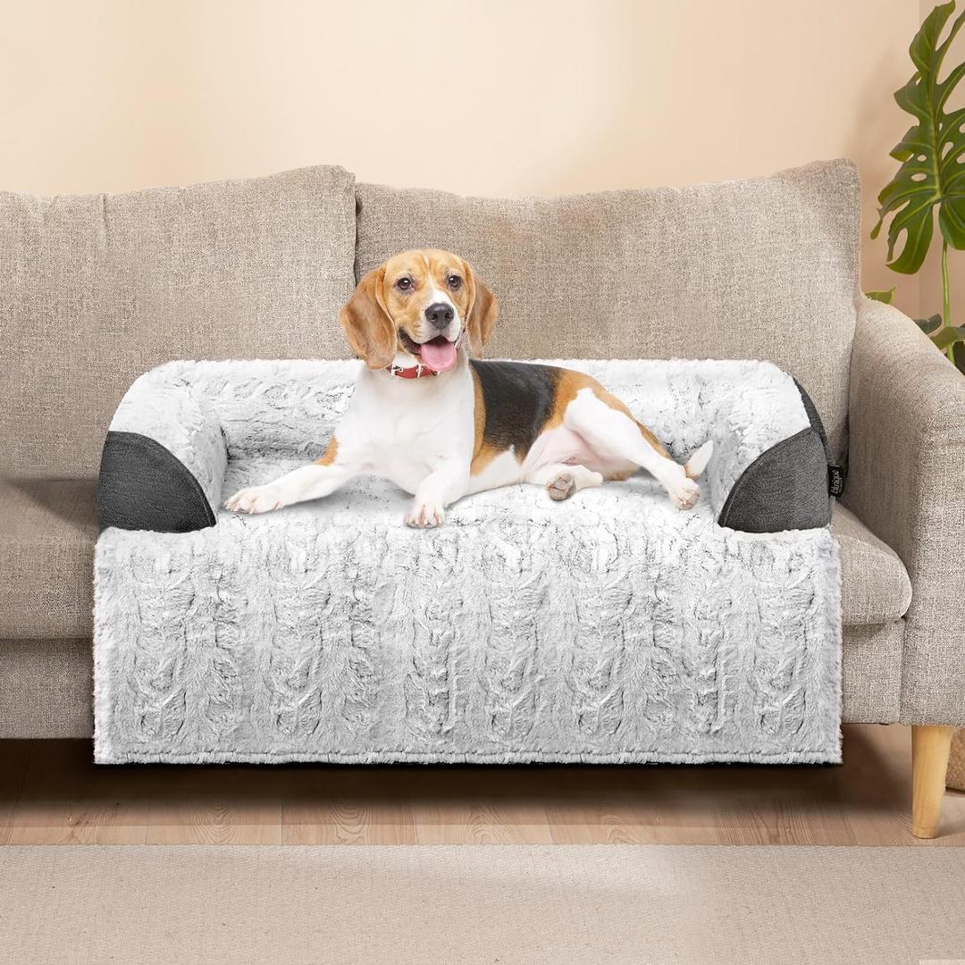 Calming Dog Bed for Couch, 35 x 31 inch Removable Couch Cover for Dogs/Cats Washable, Non-Slip Fluffy Plush Dog Sofa Mat for Furniture Protector - Grey (Medium)
