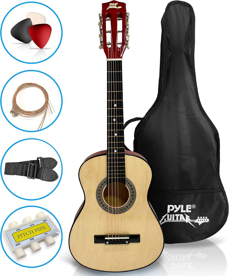 Pyle 30 Classical Acoustic 6 String Linden Traditional Style Guitar w/Wood Fretboard, Case Bag, Nylon Strap, Tuner, 3 Picks-for Beginner, Children Use, Right Handed, (PGAKT30)