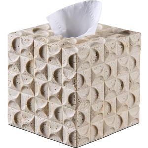 Natural Travertine Textures Tissue Box Cover Square for Home Decor, Relief Sculptured Geometric Cube Resin Heavy Tissue Box Holder for Bathroom Countertop, Tabletop, Night Stand, Office Desk (Beige)