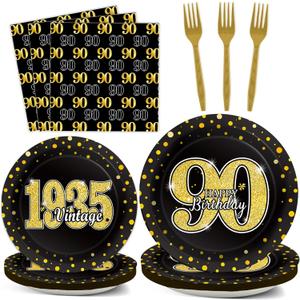 96PCS 90th Theme Birthday Party Tableware Vintage 1935 Party Supplies 90 Year Old Birthday Party Decorations Plates Napkins Forks Black and Gold Dinnerware Favors for Men or Women