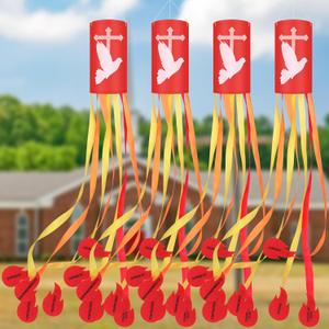 4 Pack 24 Inch Sunday Windsocks Pentecost Decorations Come Holy Spirit Christian Religious Holiday Party Decorations Heavy Duty Ripstop Red Windsocks for Church Garden Lawn Outdoor Indoor Decor