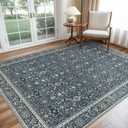 GENIMO Washable Area Rugs for Living Room Bedroom, 8x10 Boho Vintage Non Slip Rug, Low Pile Soft Floral Indoor Floor Carpet Cover for Dining Room Kitchen, Retro Dark Blue