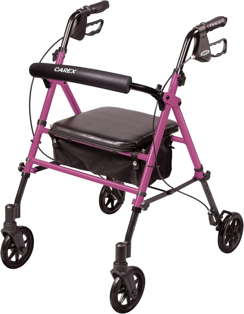 Carex Step 'N Rest Aluminum Rolling Walker For Seniors, Pink - Rollator Walker With Seat - With Back Support, 6 Inch Wheels, 250lbs Support, Lightweight, Pink