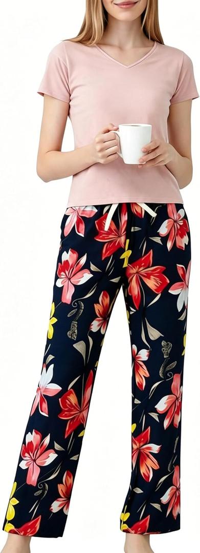 Womens Pajama Sets Short Sleeve Lounge Set Soft Floral Print Pjs Pants V Neck Loungewear Summer 2 Piece Sleepwear