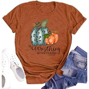 Women Thanksgiving Shirts Funny Leopard Pumpkin Graphic Print Fall T Shirts (X-Large, Brown1)