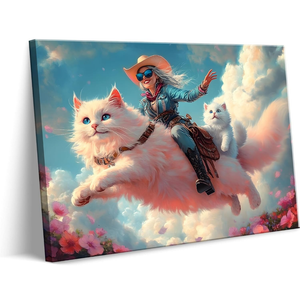Eclectic Western Cowgirl Canvas Wall Art Whimsical Cowgirl Pink Cat Rider Wall Decor Pictures Surreal Funny Cute Cat Trendy Animal Poster Print Funky Maximalist Home Decoration 12x16in