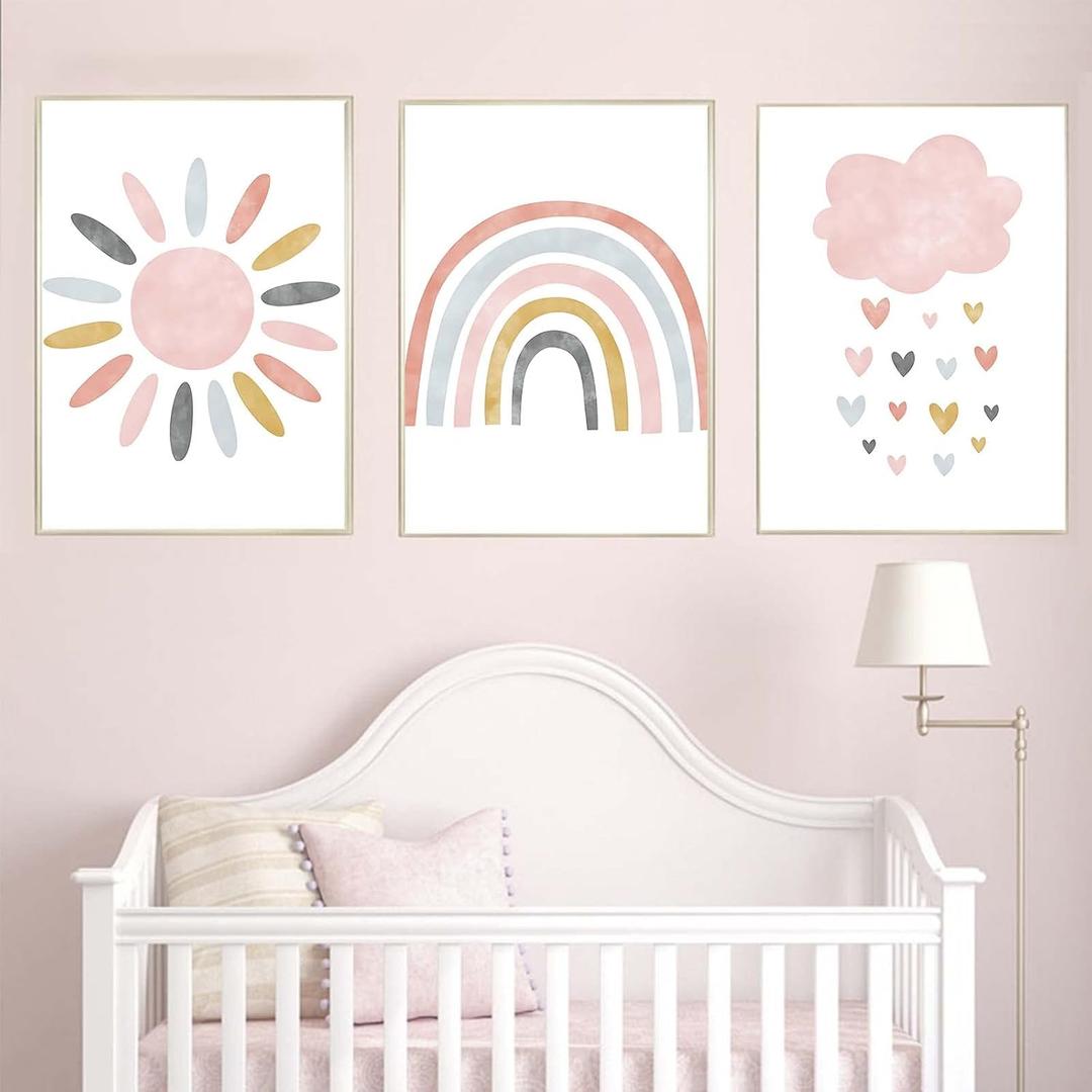 Nursery Wall Prints Pink Sunshine Rainbow Cloud Canvas Wall Art, Child Wall Art Poster Boho Nordic Wall Pictures for Girls Baby Kids Room Decor, Set Of 3 Cute Cartoon Prints Girls Room Wall Decor (16.00" x 24.00")