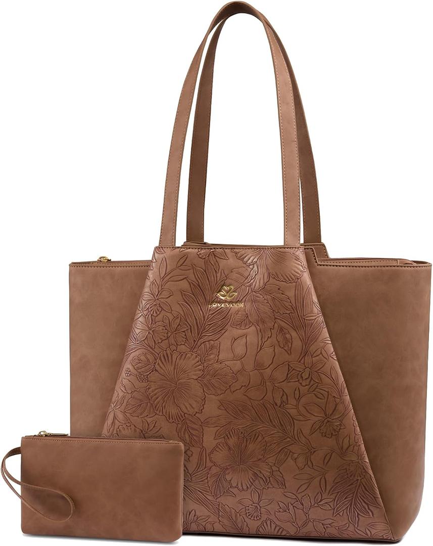 LOVEVOOK Laptop Tote Bag for Women,PU Work Bags with Triple Compartments, 15.6 inch, Brown Embossed