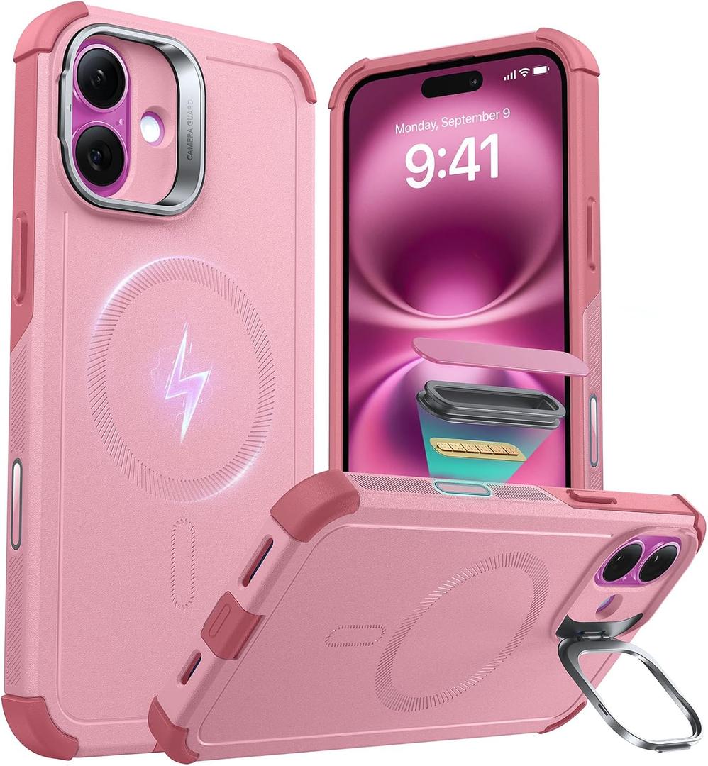ESR for iPhone 16 Plus Case with Stash Stand, Camera Control, 23FT Military-Grade Shock-Absorbing Drop Protection, Compatible with MagSafe Accessories, Magnetic Cyber Series, Pink