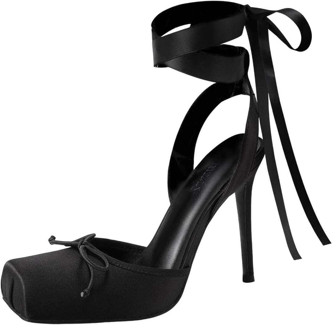 Vertundy Women's Satin Ballet Heels Lace Up Square Toe Stiletto High Bow Ballerina Heels (11)