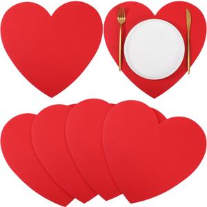 4 Pcs Leather Placemats Red Heart Shaped Place Mats Washable Heart Placemats for Table Wedding Anniversary Party Kitchen Dining 14" x 13"(Red)