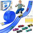 15Ft Flex Track, Flexible Race Car Track for Kids Toy with 10 Suction Cups, Rolls Up Portable Racetrack Compatible with Hot Wheels & Diecast 1/64th Cars, Birthday Gifts for Boys Girls (Blue)