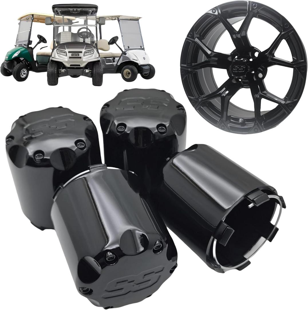 Golf Cart SS Wheel Center Cap Cover, ITP Push in Style Wheel Hub Caps Dust Cover for EZGO Club Car Yamaha and Other Models 8,10,12,14 inch Wheel,4 PCS(Gloss Black with Black SS)