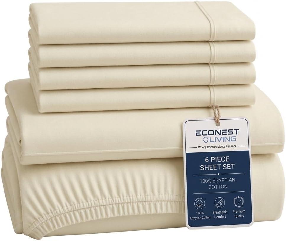 100% Egyptian Cotton Sheets Full Size - 1000 Thread Count 6 PC Deep Pocket Full Size Bed Sheets Set, Soft Sateen Weave Luxury Hotel Cooling Sheet, Fits Mattress Upto 16" - Ivory