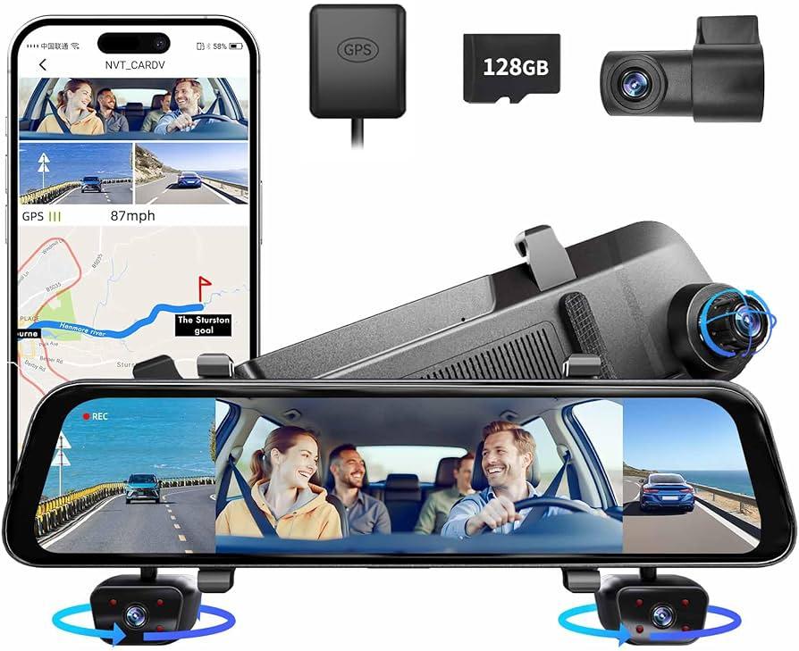 2026 12'' Mirror Dash Cam 4 Channel, Touch Screen Rear View Mirror Camera for Cars,1080Px4 Dashcam Front Rear Inside, IR Night Vision,WiFi,APP,GPS, 24/7 Recording Parking Monitor,Free 128GB SD